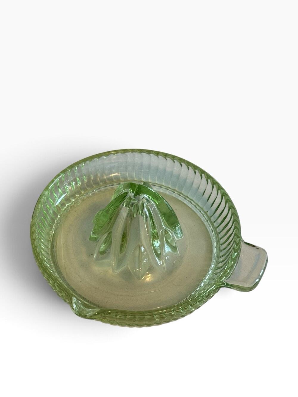 Green/Clear Glass Manual Citrus Juicer Reamer with Handle and Spout